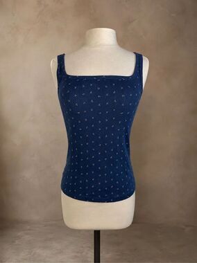 Uniqlo Size Small Pointelle Tank Top Cherry Print Navy Cotton Stretch